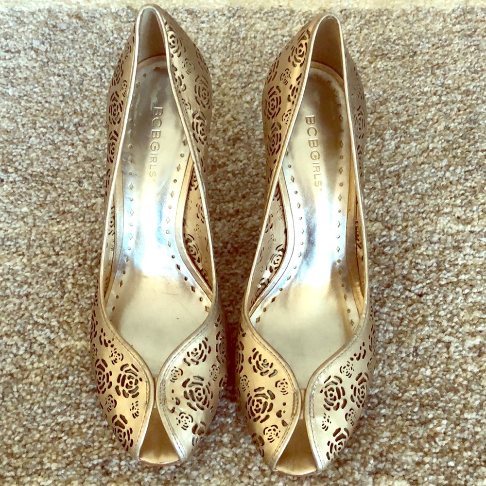 BCBGirls Gold Peep Toe Heels